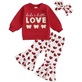 Toddler Baby Girl Valentines Day Outfits Letter Embroidery Long Sleeve Sweatshirt Ribbed Flare Pants Headband Sets