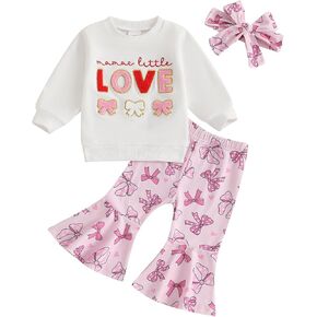 Toddler Baby Girl Valentines Day Outfits Letter Embroidery Long Sleeve Sweatshirt Ribbed Flare Pants Headband Sets