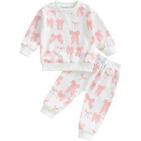 Springcmy Toddler Baby Valentines Day Outfits Heart Bowtie Crewneck Sweatshirt Top+Joggers Pants Clothes Tracksuit Set