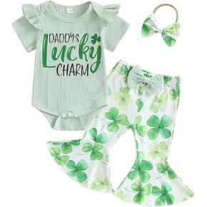 Newborn Baby Girl St Patricks Day Outfit Letter Print Ruffle Sleeve Romper Clover Bell Bottom Pants Headband Set