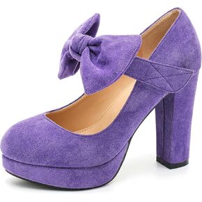 MAIERNISI JESSI Women's Bow Heel Pumps Platform Chunky High Heeled Wedding Dress Shoes