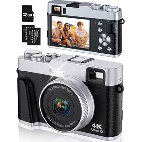 4K Digital Camera with Viewfinder & Dial, 48MP Vlogging Camera for Photography and Video Autofocus Anti-Shake, Travel Portable Digital Camera with Flash SD Card 2 Batteries, 16X Zoom Camera