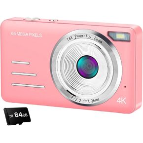 Digital Camera 4K Kids Camera Digital with 64MP High Resolution,16X Zoom Large 2.8'' Screen This Camera Comes with 64GB Micro SD Card,1500mAh Big Battery for Kids Boys and Girls (Pink)
