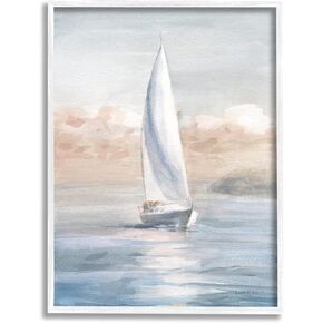 Stupell Industries Sailboat Under Cloudy Morning Sunrise Soft Contemporary Ocean, Designed by Danhui NAI White Framed Wall Art, 16 x 20, Orange