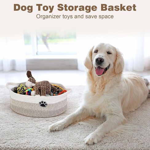 سلة لعبة الكلاب ، صندوق ألعاب وملف لتخزين القطط الكلاب ، سلة صغيرة منسوجة 13.5 "× 11" × 5 "لتخزين الأطفال ، سلة حبل للخزانة وغرفة المعيشة وغرفة النوم والأبيض والبني in Kuwait