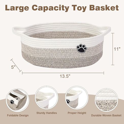 سلة لعبة الكلاب ، صندوق ألعاب وملف لتخزين القطط الكلاب ، سلة صغيرة منسوجة 13.5 "× 11" × 5 "لتخزين الأطفال ، سلة حبل للخزانة وغرفة المعيشة وغرفة النوم والأبيض والبني in Kuwait