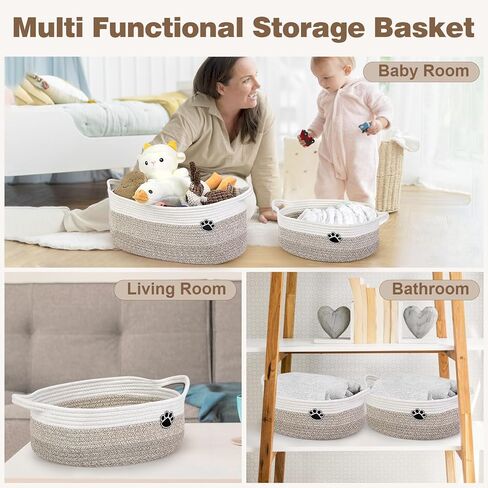 سلة لعبة الكلاب ، صندوق ألعاب وملف لتخزين القطط الكلاب ، سلة صغيرة منسوجة 13.5 "× 11" × 5 "لتخزين الأطفال ، سلة حبل للخزانة وغرفة المعيشة وغرفة النوم والأبيض والبني in Kuwait
