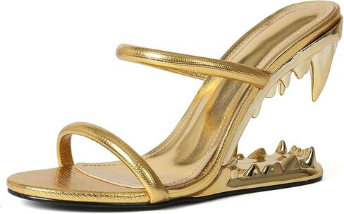 Goiphrri Metallic Wedge Sandals for Women Slip On Shark Teeth Mule Heels Comfortable Open Toe High Heeled Slide Sandals in Kuwait