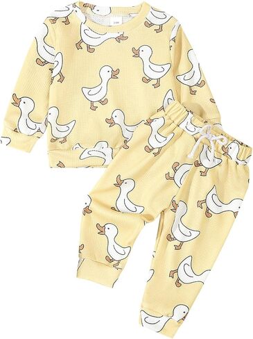 Ynibbim Toddler Baby Boy Fall Winter Clothes Duck Print Long Sleeve Sweatshirt & Joggers Pants 2-piece Sweatsuit Outfits in Saudi Arabia