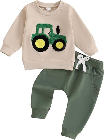 Adobabirl Toddler Baby Boy Fall Outfits Tractor Embroidery Long Sleeve Sweatshirt and Pants Set Farm Winter Clothes in Saudi Arabia