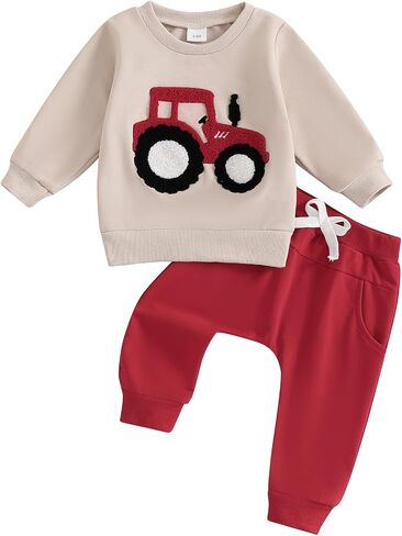 Adobabirl Toddler Baby Boy Fall Outfits Tractor Embroidery Long Sleeve Sweatshirt and Pants Set Farm Winter Clothes in Saudi Arabia