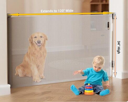 Retractable Baby Gate, 34" Tall, Adjustable 0-120", Easy to Install, Durable Safety Dog Gate for Doorways, Hallways, Stairs, Indoor/Outdoor Use, Space-Saving Design, Ideal for Kids & Pets (White) in Saudi Arabia