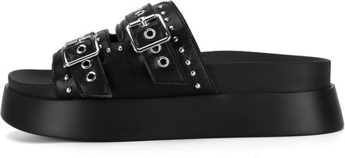 Womens Flat Slide Sandals Double Strap Adjustable Buckle Slip on Slides Shoes Stud Flatform Sandals in Saudi Arabia