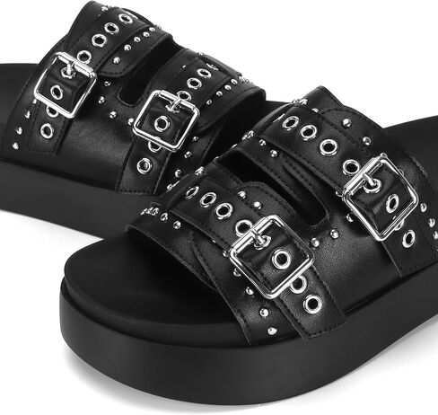 Womens Flat Slide Sandals Double Strap Adjustable Buckle Slip on Slides Shoes Stud Flatform Sandals in Saudi Arabia