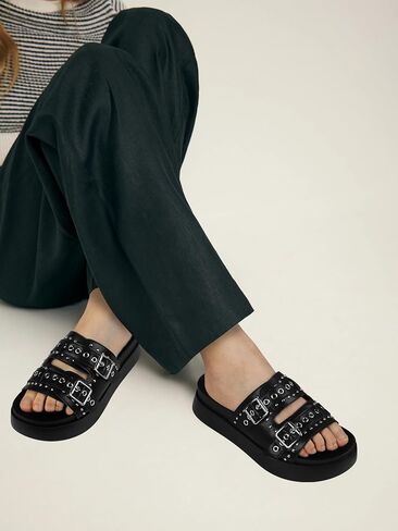 Womens Flat Slide Sandals Double Strap Adjustable Buckle Slip on Slides Shoes Stud Flatform Sandals in Saudi Arabia