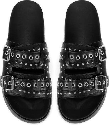 Womens Flat Slide Sandals Double Strap Adjustable Buckle Slip on Slides Shoes Stud Flatform Sandals in Saudi Arabia