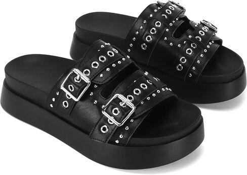 Womens Flat Slide Sandals Double Strap Adjustable Buckle Slip on Slides Shoes Stud Flatform Sandals in Saudi Arabia