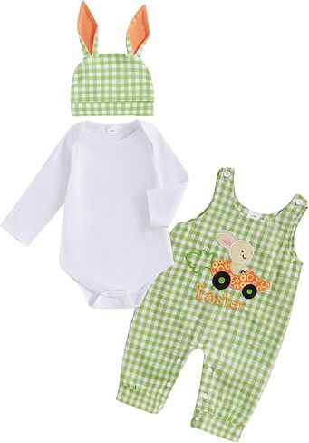 My First Halloween Baby Boy Outfit Newborn Pumpkin Romper + Plaid Overalls+ Hat 3Pcs Infant Boy Fall Clothes in Kuwait