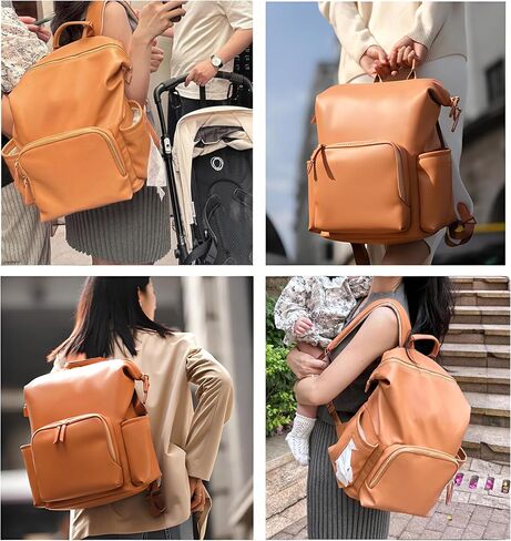 Faux Leather Diaper Bag Backpack with Waterproof Pockets,Stroller Buckle and Changing Pad - 35L Large Mommy Bag for Boy and Girl - Stylish Baby Shower Gifts (Apricot) in Kuwait