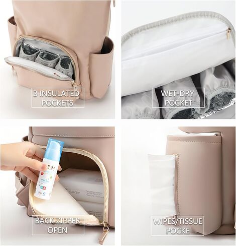 Faux Leather Diaper Bag Backpack with Waterproof Pockets,Stroller Buckle and Changing Pad - 35L Large Mommy Bag for Boy and Girl - Stylish Baby Shower Gifts (Apricot) in Kuwait