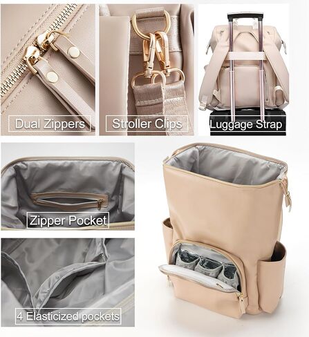 Faux Leather Diaper Bag Backpack with Waterproof Pockets,Stroller Buckle and Changing Pad - 35L Large Mommy Bag for Boy and Girl - Stylish Baby Shower Gifts (Apricot) in Kuwait