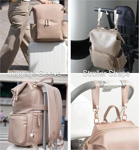 Faux Leather Diaper Bag Backpack with Waterproof Pockets,Stroller Buckle and Changing Pad - 35L Large Mommy Bag for Boy and Girl - Stylish Baby Shower Gifts (Apricot) in Kuwait