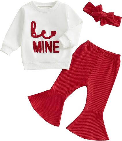 Toddler Baby Girl Valentines Day Outfits Letter Embroidery Long Sleeve Sweatshirt Ribbed Flare Pants Headband Sets in Kuwait