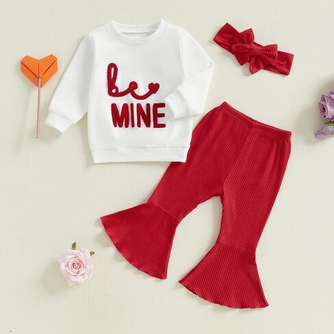 Toddler Baby Girl Valentines Day Outfits Letter Embroidery Long Sleeve Sweatshirt Ribbed Flare Pants Headband Sets in Kuwait