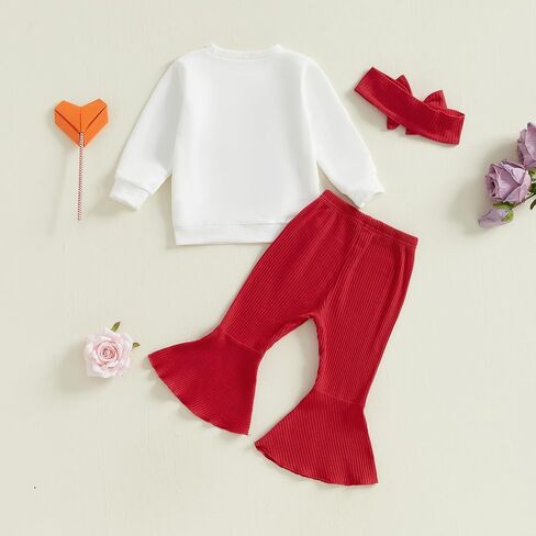 Toddler Baby Girl Valentines Day Outfits Letter Embroidery Long Sleeve Sweatshirt Ribbed Flare Pants Headband Sets in Kuwait