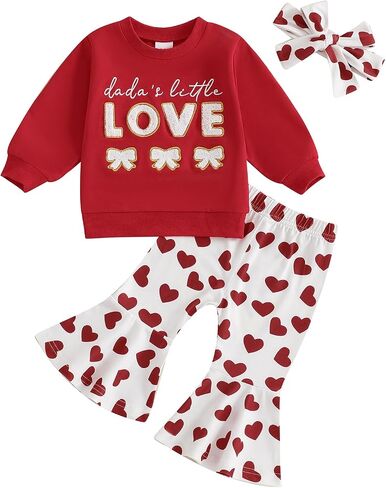 Toddler Baby Girl Valentines Day Outfits Letter Embroidery Long Sleeve Sweatshirt Ribbed Flare Pants Headband Sets in Kuwait