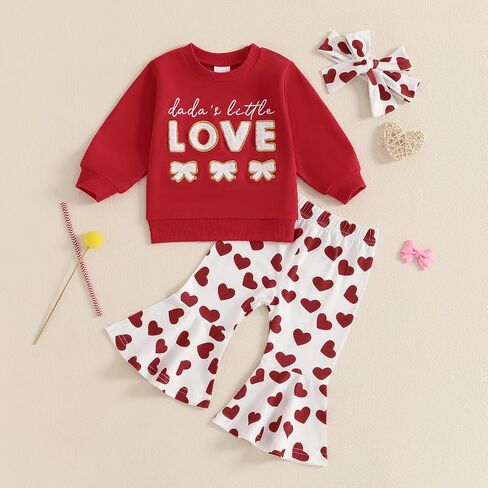 Toddler Baby Girl Valentines Day Outfits Letter Embroidery Long Sleeve Sweatshirt Ribbed Flare Pants Headband Sets in Kuwait