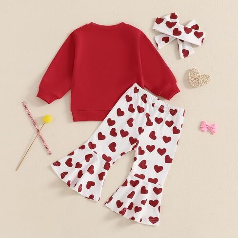 Toddler Baby Girl Valentines Day Outfits Letter Embroidery Long Sleeve Sweatshirt Ribbed Flare Pants Headband Sets in Kuwait