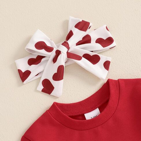Toddler Baby Girl Valentines Day Outfits Letter Embroidery Long Sleeve Sweatshirt Ribbed Flare Pants Headband Sets in Kuwait