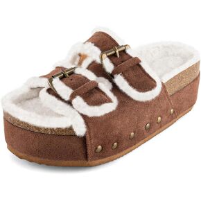 JORISTIMO Women's Cork Flatform Sandals, Faux Suede Fur-Lined Dual Buckled Band Suede Clogs Platform Slip On Sandals Slippers