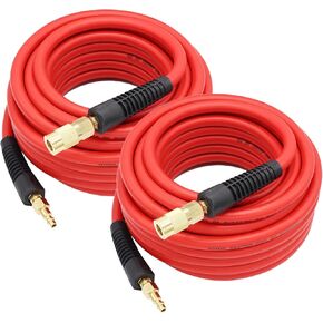 YOTOO 2-Pack Hybrid Air Hose 3/8-Inch by 50-Feet 300 PSI Heavy Duty, Lightweight, Kink Resistant, All-Weather Flexibility with 1/4-Inch Brass Male Fittings, Bend Restrictors, Red
