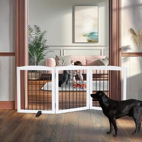 Freestanding Dog Gate Indoor Dog Gates for Doorways Foldable Wooden White Pet Gate for The House,Dog Fence for Stairs,Puppy Gate,Support Feet Included,32" Height-4 Panels