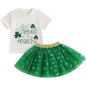 Kids Toddler Baby Girl St Patricks Day Outfit Letter Short Sleeve T-Shirts Clover Tulle Tutu Skirt Set Irish Outfits
