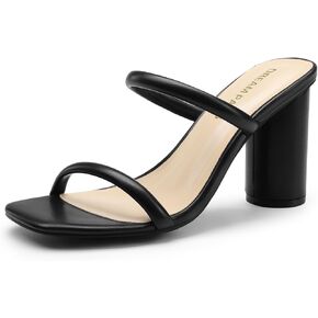 DREAM PAIRS Women's Square Open Toe Block Heels Two Strap Slip On High Heeled Slides Sandals