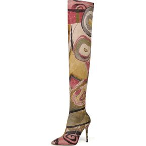 vivianly Women's Sexy Printed Stretchy Thigh High Boots Pointy Toe Stiletto Heel Booties Over The Knee High Heel Boot