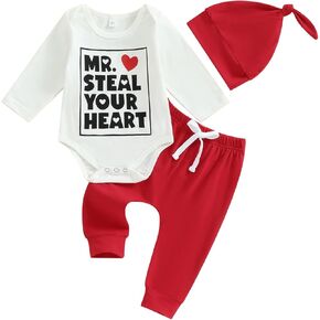 RWYBEYW My First Valentines Day Baby Boy Outfit Newborn Mr Steal Your Heart Romper and Long Pants Hat Spring Fall Clothes Set