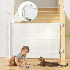No Drilling Retractable Baby Gates for Stairs with Auto-Lock, 33" x 55" Mesh Baby Dog Pet Cat Gate with Double Locking for Doorways, Durable Child Safety Gate for Hallways Kitchen Indoor Outdoor White