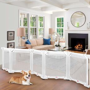 100" Extra Large Free Standing Dog Gate with Strong Suction Cup Punch Free 24" Tall Step Over Baby Gate Mesh Dog Gate for Doorways 5 Panel Folding Pet Gate Baby Gates for Stairs Baby Fence (White)