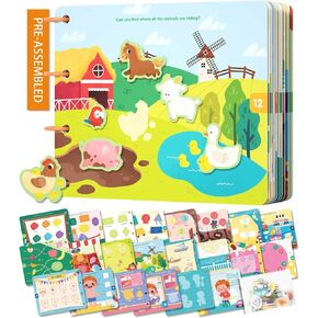 Preschool Busy Book for Toddlers 1-3 Years Old, Pre-Assembled, Learning Activity Sticker Book with 12 Different Theme Pages, Montessori Educational Toy for Kids 3-5