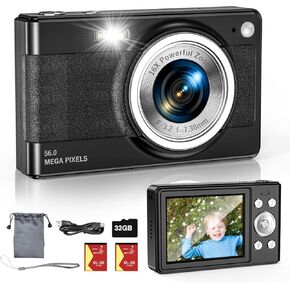Upgrade Digital Camera, 56MP FHD 1080P Camera for Kids with 16x Zoom Anti Shake, Kid Camera with 32GB TF Card, Two Batteries, Lanyard, Compact Small Camera for Kids Boys Girls（Black）