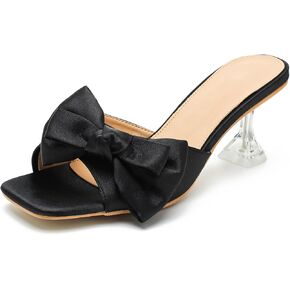 Women's Bowknot Low Heels Pleated Satin Slip on Heel Mules Sandals Slip on Wedding Party Slipper Dress Shoes