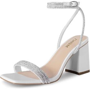 ISNOM Rhinestone Chunky Heels for Women, Square Open Toe Block Heeled Stylish and Comfortable