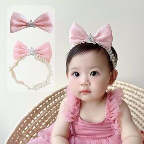 Lace Crown Hair Bow for Baby Girls Soft Tulle Elastic Headband Baby Shower Birthday Party Crown Hair Accessories for Newborn Infant Toddlers (Pink B, Adjustable)