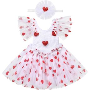 OBEEII Baby Girls Valentine's Day Tulle Tutu Rompe Dress Flutter Sleeve Sequin Heart Dress Infant Birthday Cake Smash Outfit