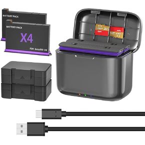 360 X4 Battery 2- Packs with Fast Battery Charger Campatible with Insta 360 X4 Battery 2500mAh,Quick Portable 2 Channel Battery Charging Storage Station with Misro SD Card Accessories Slots