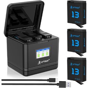 Artman Hero 13 Battery 2300mAh 3-Pack for GoPro Hero 13 Black with 3-Channel LCD Fast Charger